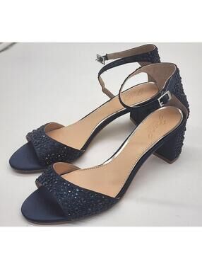 Badgley Mischka Navy Crystal Evening Sandals Block Heel Ankle Strap Size 10